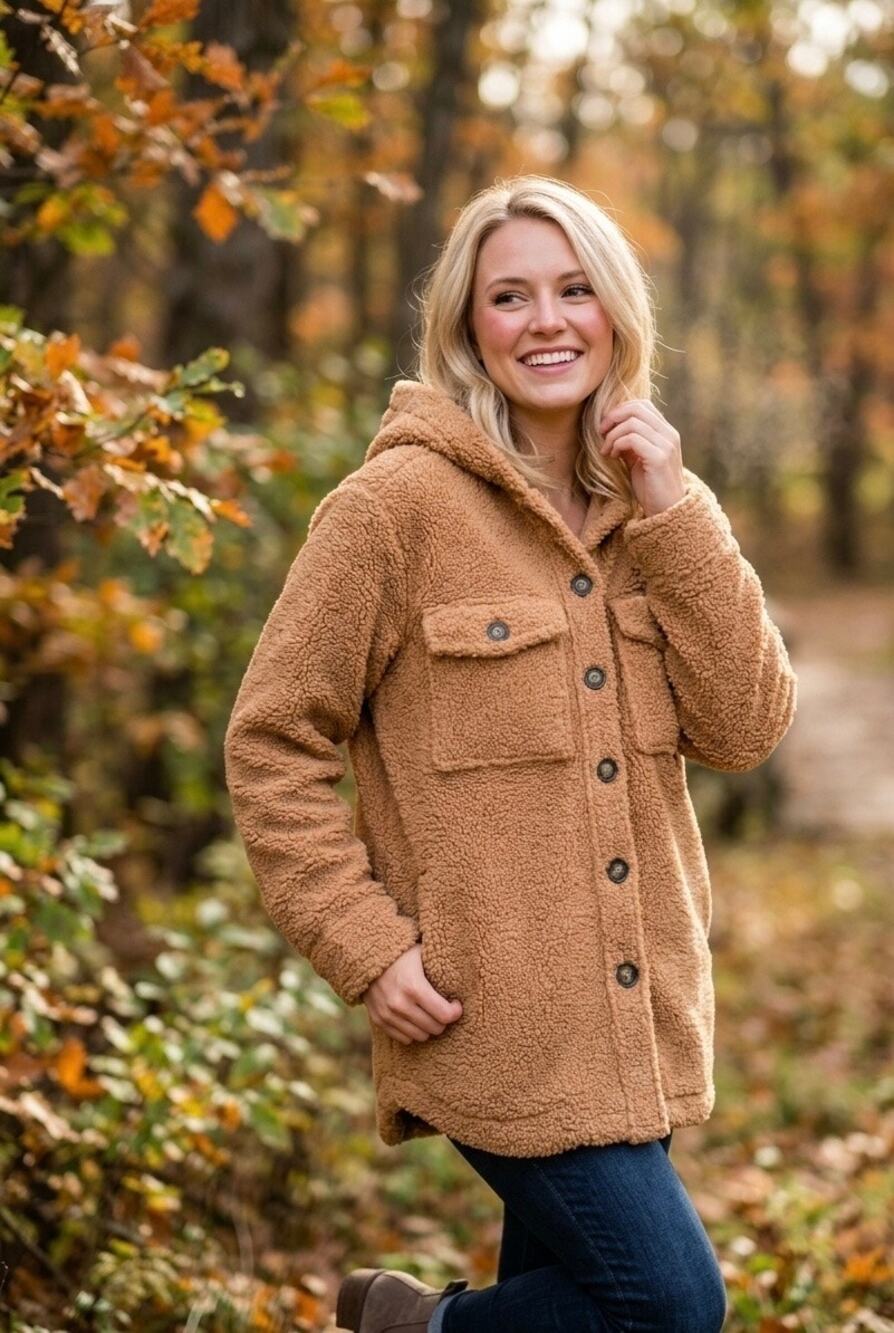 Teddy Fleece Hooded Jacket / Shacket in a rich caramel